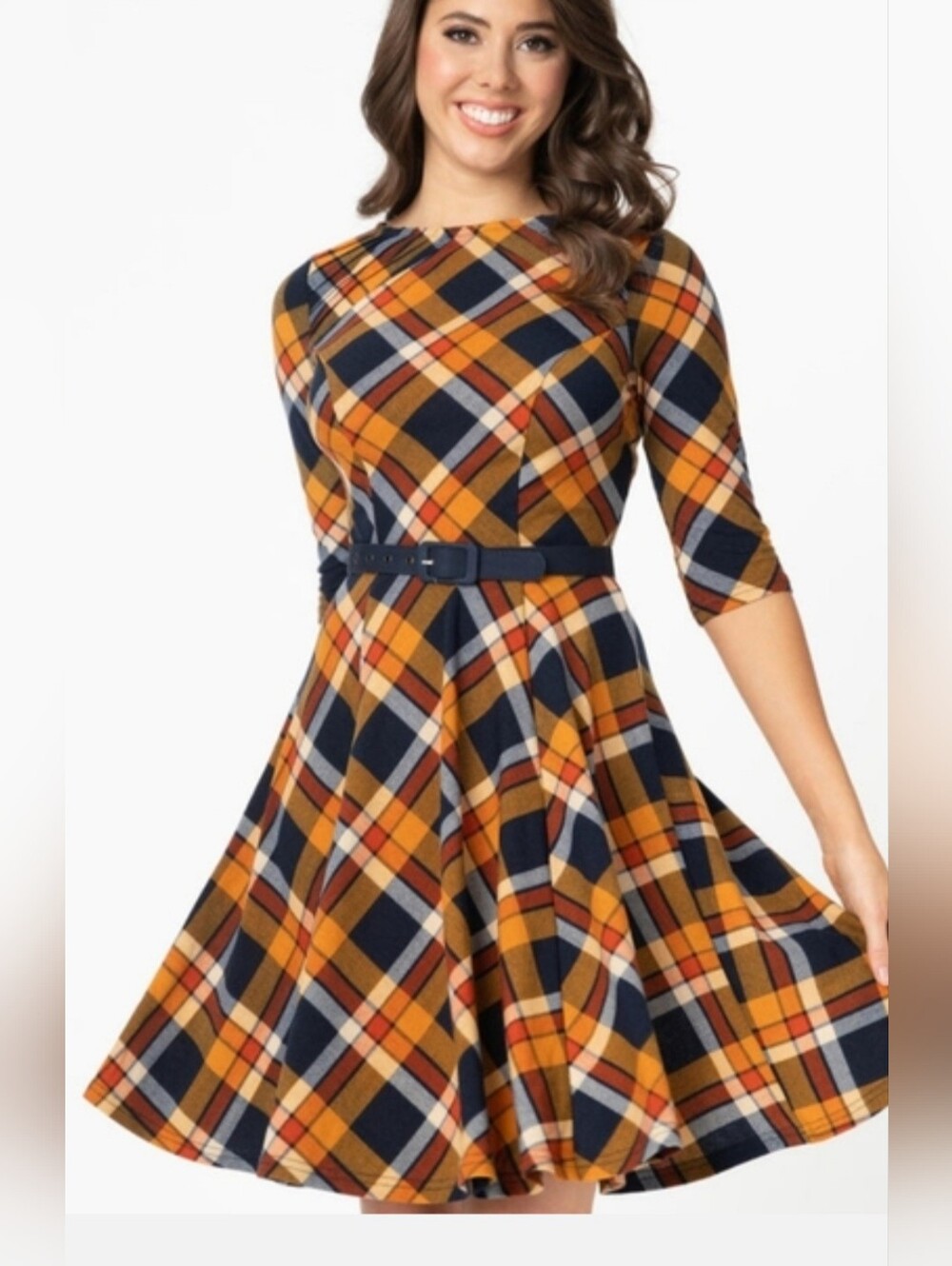 Unique Vintage Orange and Navy Plaid Fit-and-Flare Midi Dress